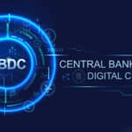 CBDC Central Bank Digital Currency banner logo for business technology, financial, blockchain, exchange, money and digital asset. Futuristic vector landing page concept background.